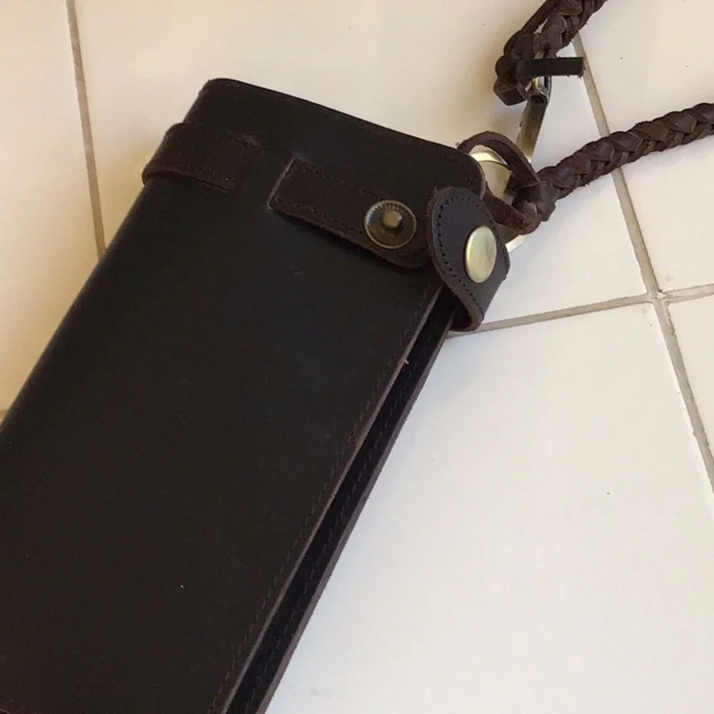 Vintage 80s Long Biker Leather Wallet/Braided Strap